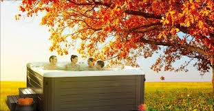 autumn leaves and hot tub